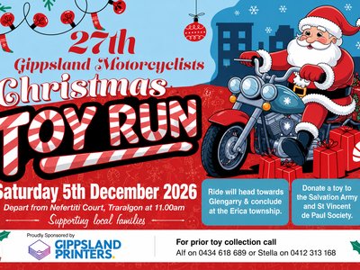 A festive poster showing Santa Claus riding a motorcycle, surrounded by Christmas gifts and candy canes, advertising the Gippsland Motorcyclists Christmas Toy Run.