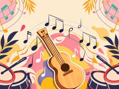 Illustrated acoustic guitar, drums, musical notes and navy leaves on cream, pink and yellow.
