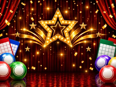 Colourful bingo balls and cards with red curtains and gold accents.