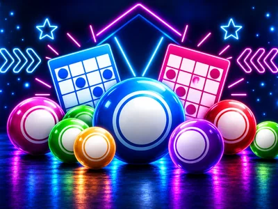 Colourful bingo balls and cards with blue and pink neon accents.