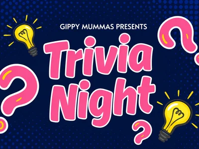 A lively trivia night at a country pub, with teams gathered around tables holding answer sheets, question marks and lightbulb decorations in the background.