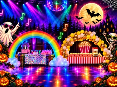 Colourful Halloween disco illustration with a moon, bats, ghost, skeleton, disco ball and party food.