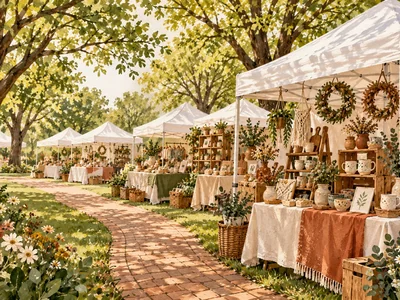 Cream, olive and terracotta source-inspired illustration of craft stalls beneath leafy trees; not a documentary venue photograph.