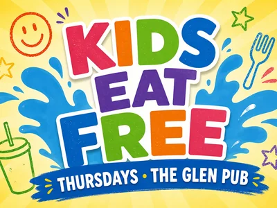 Colourful Kids Eat Free promotional graphic for The Glen Pub featuring bold text and playful icons on a bright yellow background.