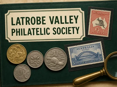 A close-up of colourful postage stamps spread across a table, with collectors examining them at a community meeting.