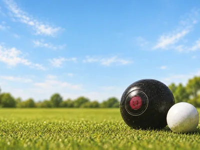 Burgundy, charcoal and off-white artwork with a black lawn bowl and white jack on grass.