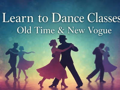 Silhouetted couples dancing in colourful ballroom-style poses, representing Old Time and New Vogue sequence dancing.