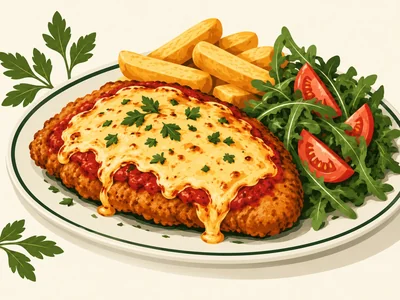 Illustrated parma meal on a plate with chips and salad.