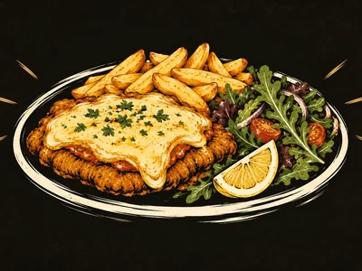 Illustrated parma meal on a plate with chips and salad.
