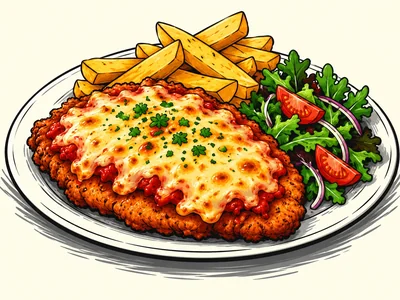 Illustrated parma meal on a plate with chips and salad.