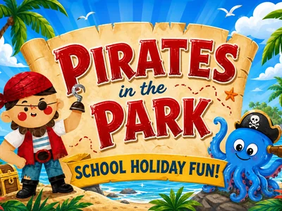 Children dressed as pirates laughing and playing at an outdoor heritage park event, with face painting and balloon swords on display.