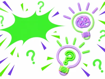 Purple and lime-green trivia artwork with comic bursts, question marks and neon lightbulbs.