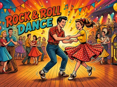 A couple in 1950s costume — leather jacket and poodle skirt — dancing the Jitterbug on a lit dance floor.