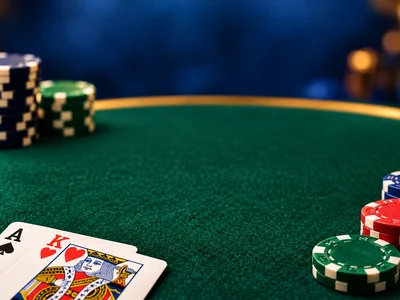 Playing cards and poker chips on green felt.