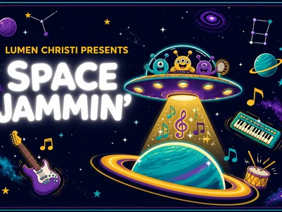 Colourful poster showing cartoon aliens playing music aboard a UFO hovering over a ringed planet in a starry space setting.