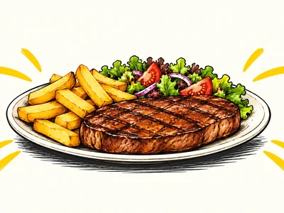 Conceptual illustration of a steak meal with chips and salad.