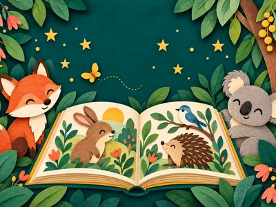 Storytime — Moe Library. Source-inspired illustrative artwork; not documentary library or event photography.