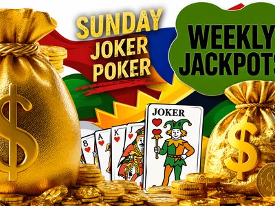 A joker playing card surrounded by gold coins and money bags, promoting the Sunday Joker Poker jackpot event at Yallourn North Hotel.