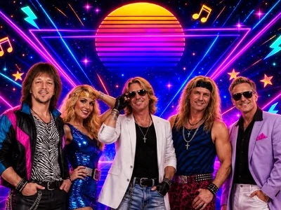 AI-assisted adaptation of the five performers pictured in the supplied band poster, against neon 1980s graphics.