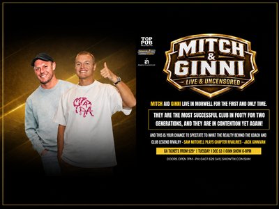 Sam Mitchell and Jack Ginnivan posing together at a live fan event, with Hawthorn FC branding visible in the background.