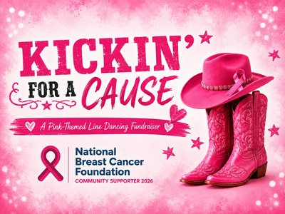 A group of line dancers in pink outfits and cowboy hats on a dance floor at a community fundraising event.