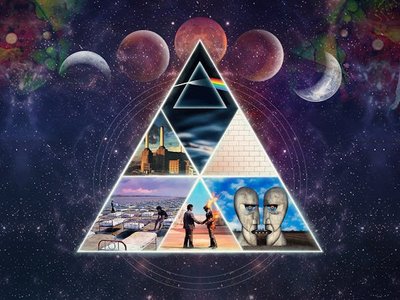 A tribute band performs on a dramatic stage with atmospheric lighting and projected Pink Floyd imagery before a large crowd.