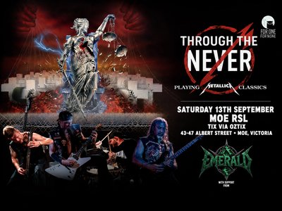 A heavy metal tribute band performing on stage under dramatic lighting, with a crowd of metal fans raising their fists.