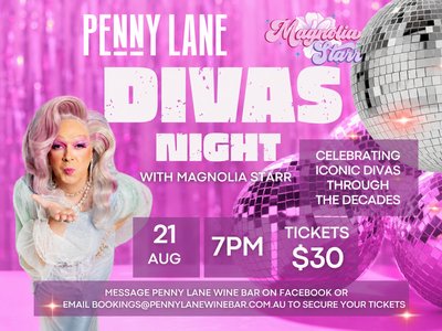 A glamorous drag performer in pink and silver attire blowing a kiss, surrounded by disco ball lighting at a wine bar event.