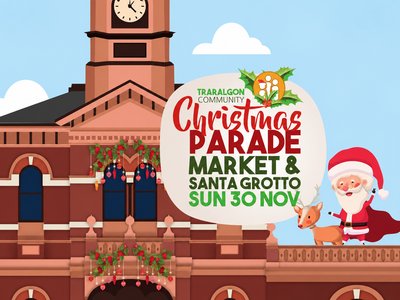 A bustling outdoor Christmas market stall lined with decorations and gifts, with families browsing in a sunny Australian street setting.