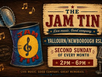 A vintage-style illustrated poster featuring an open blue tin can labelled 'Jam Tin' with a treble clef, surrounded by musical notes on a dark wood background.