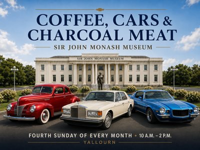 Three classic cars — a red 1940s coupe, a cream Rolls-Royce and a blue muscle car — parked in front of the Sir John Monash Museum on a sunny day.