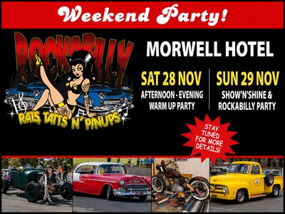 A colourful rockabilly crowd with vintage cars, tattoos, and pinup fashion gathered outside the Morwell Hotel.