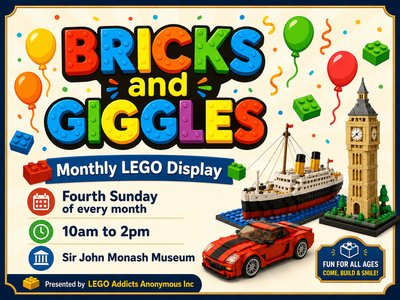 Children and adults building with LEGO bricks at colourful communal tables inside a heritage industrial building in Yallourn.