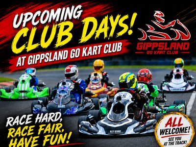 A pack of colourful go-karts racing wheel-to-wheel on a sealed circuit at Gippsland Go Kart Club.