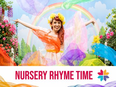 Colourful event poster showing a baby in a fairy costume, winter orchids, and a nursery rhyme performer at Mid Valley Shopping Centre.