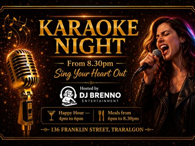 Karaoke Night promotional artwork with gold lettering, a vintage microphone and a singer.