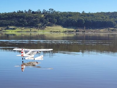 Model aircraft flying over an open green field at Lake Narracan on a clear day, with spectators watching from the sideline.