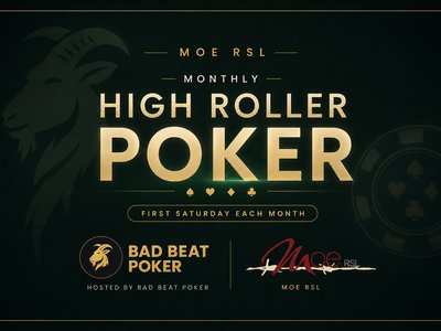 A poker table set up at Moe RSL with chips and cards ready for a High Roller tournament.