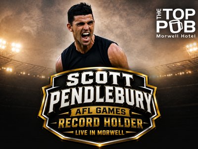 Scott Pendlebury in AFL gear, celebrating on the field, with the Top Pub Morwell branding overlaid.