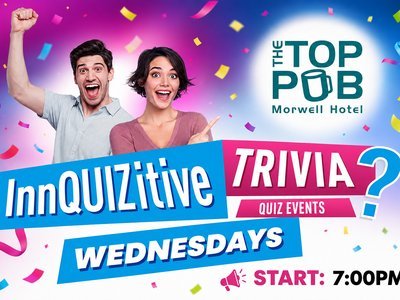 Two excited people celebrating with confetti falling around them, with the InnQUIZitive Trivia Wednesdays branding displayed prominently.