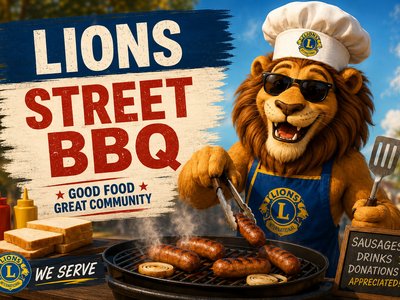 An illustrated lion mascot in a chef's hat and Lions Club apron grilling sausages at an outdoor BBQ stall.