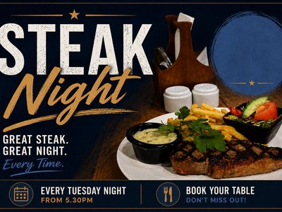 A grilled steak served on a white plate with chips, salad and a sauce, representing Morwell Bowling Club's Tuesday Steak Night.