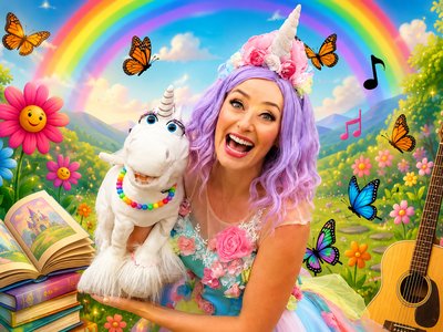 Fairy Julianne in a floral dress and purple wig holds a unicorn puppet against a colourful rainbow and butterfly backdrop.