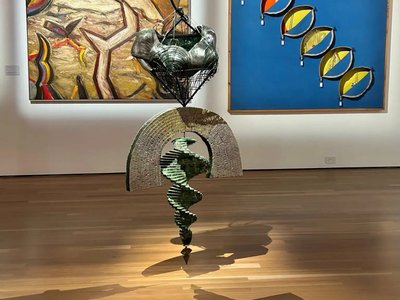 A gallery wall displaying an eclectic mix of unconventional artworks in a white exhibition space at Latrobe Regional Gallery.
