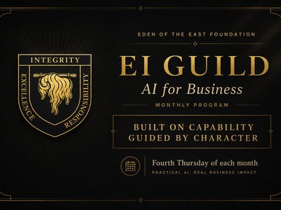 A dark-themed event poster with gold typography reading 'EI Guild presents AI for Business Program' against a black background.