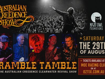 A five-piece rock band performing on stage under warm stage lighting, evoking the swamp rock sound of Creedence Clearwater Revival.
