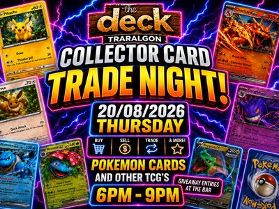 A vibrant promotional image showing Pokémon cards including Pikachu, Charizard and Gengar surrounding the Collector Card Trade Night event title.