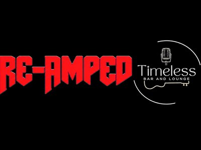 RE-AMPED band logo on a dark circular background with red lettering, representing a high-energy rock cover band from Gippsland.