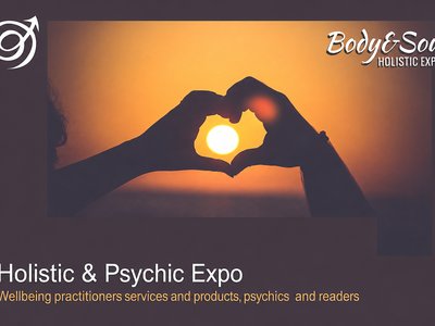 A bustling expo hall with holistic health stalls, crystal displays, and visitors consulting psychic and tarot readers.