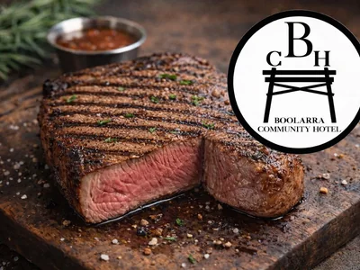 Grilled steak beside the Boolarra Community Hotel logo